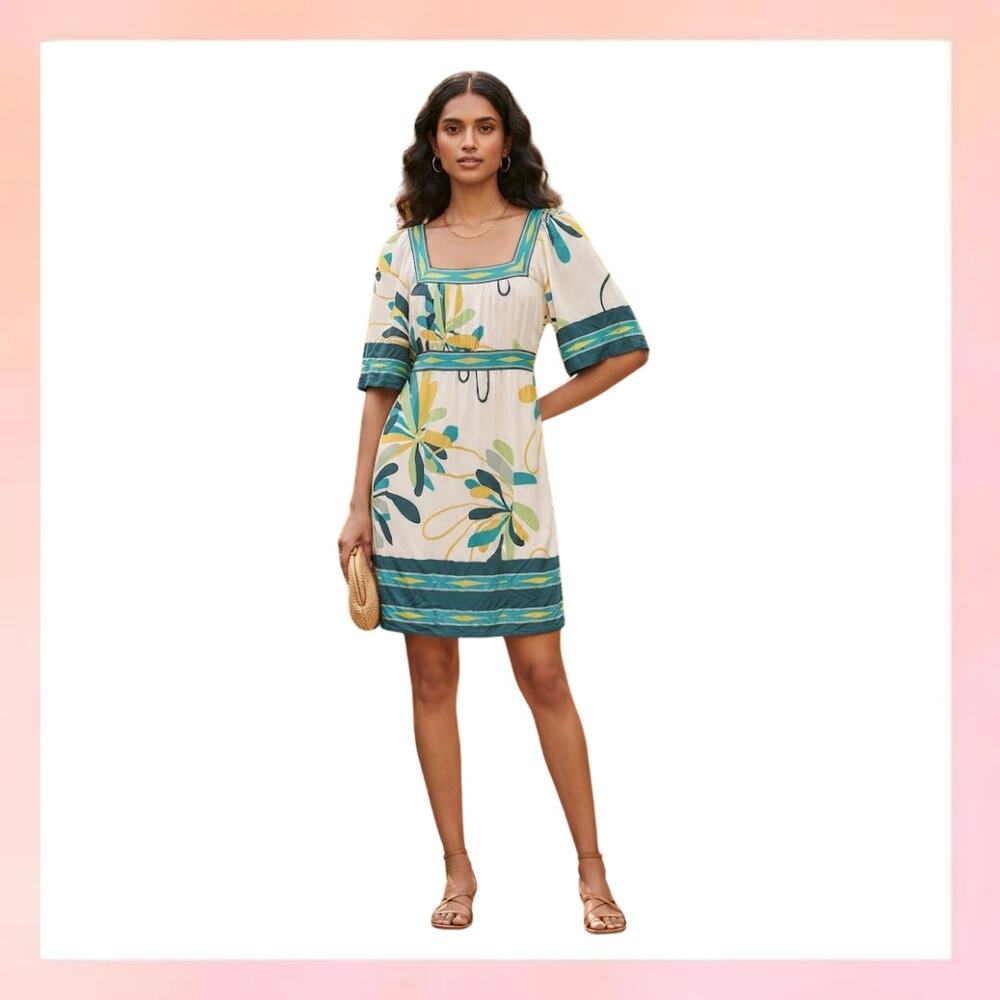 BCBGMAXAZRIA Floral Square Neck Short Sleeve Shift Dress Teal Yellow White M